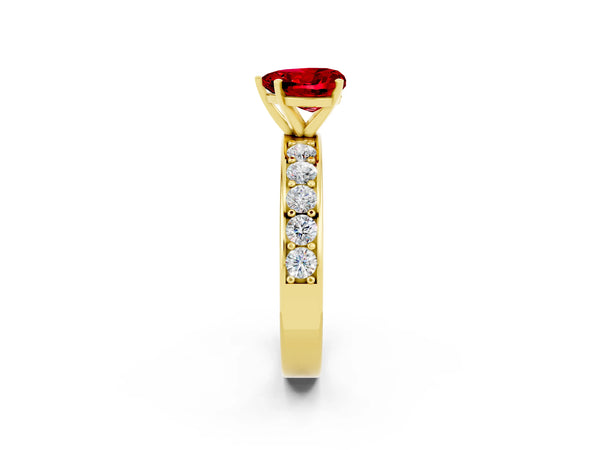 Yellow gold Heart Cut Ruby Engagement Ring with Channel Set Round  Band and Prong Setting