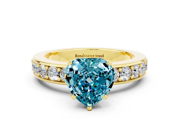 Yellow gold Heart Cut Blue Topaz Engagement Ring with Channel Set Round  Band and Prong Setting
