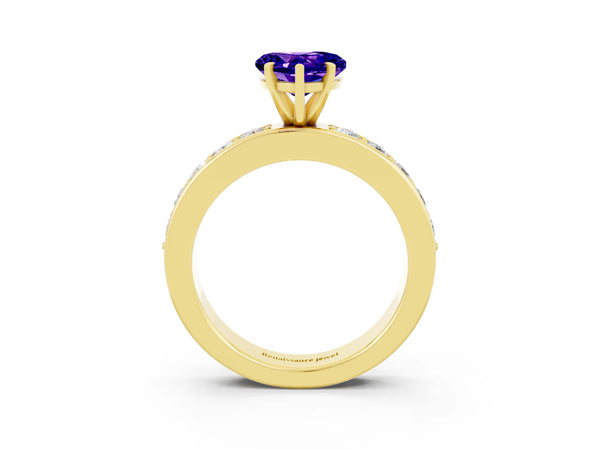 Yellow gold Heart Cut Tanzanite Engagement Ring with Channel Set Round  Band and Prong Setting