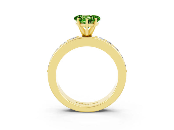 Yellow gold Heart Cut Peridot Engagement Ring with Channel Set Round  Band and Prong Setting