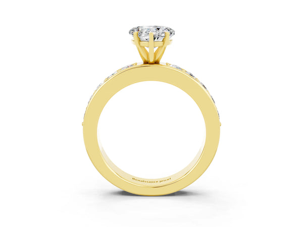Yellow gold Heart Cut Moissanite Engagement Ring with Channel Set Round  Band and Prong Setting