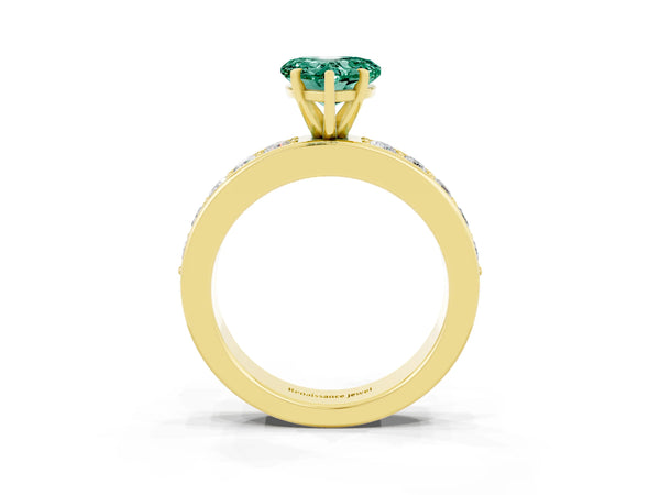 Yellow gold Heart Cut Green Sapphire Engagement Ring with Channel Set Round  Band and Prong Setting