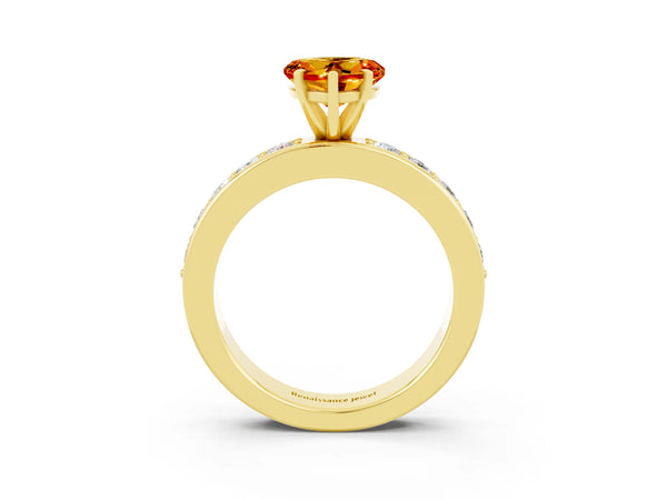 Yellow gold Heart Cut Citrine Engagement Ring with Channel Set Round  Band and Prong Setting