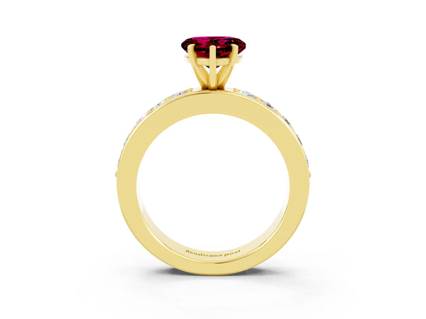 Yellow gold Heart Cut Garnet Engagement Ring with Channel Set Round  Band and Prong Setting