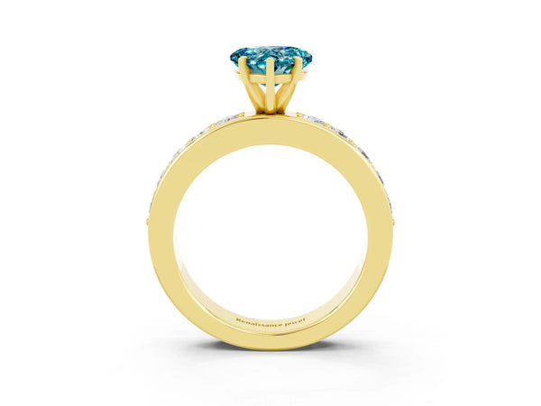 Yellow gold Heart Cut Blue Topaz Engagement Ring with Channel Set Round  Band and Prong Setting