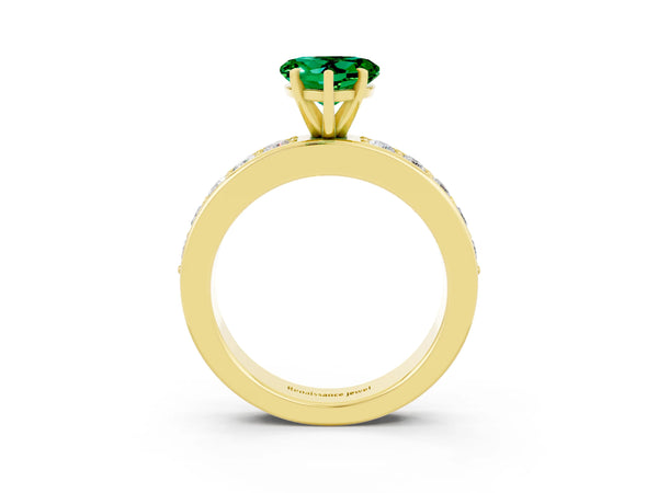 Yellow gold Heart Cut Emerald Engagement Ring with Channel Set Round  Band and Prong Setting
