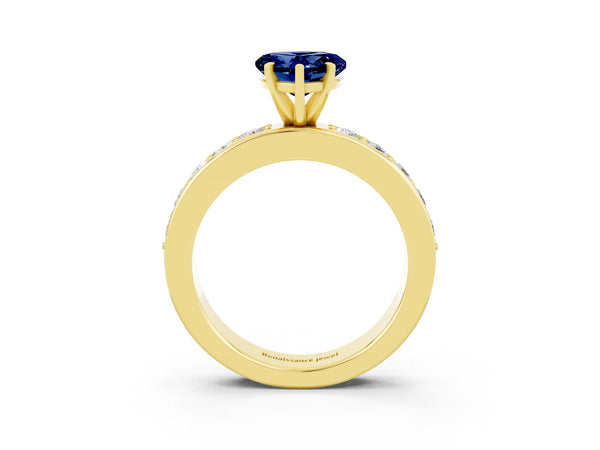 Yellow gold Heart Cut Blue Sapphire Engagement Ring with Channel Set Round  Band and Prong Setting