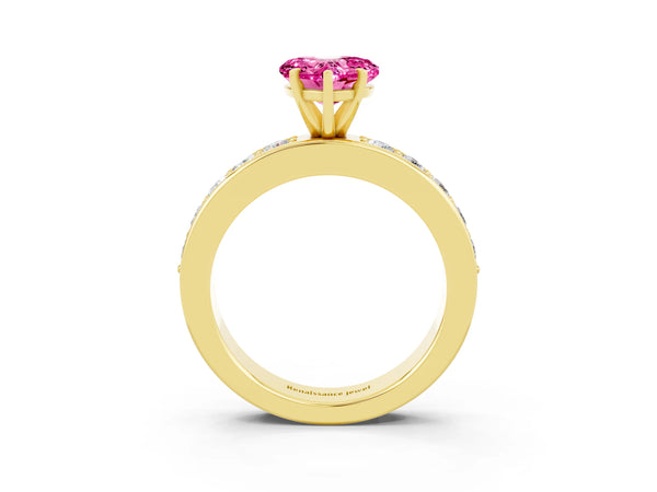 Yellow gold Heart Cut Pink Sapphire Engagement Ring with Channel Set Round  Band and Prong Setting