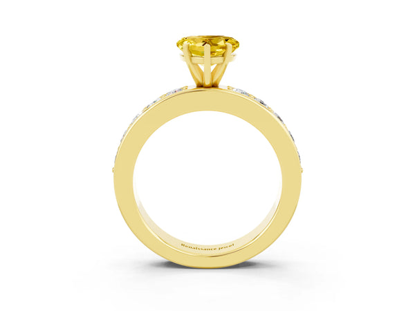 Yellow gold Heart Cut Yellow Sapphire Engagement Ring with Channel Set Round  Band and Prong Setting