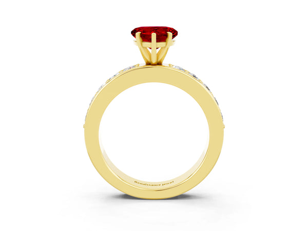 Yellow gold Heart Cut Ruby Engagement Ring with Channel Set Round  Band and Prong Setting