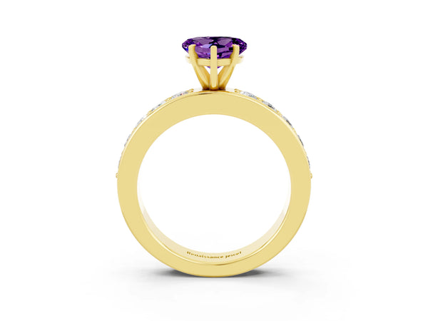 Yellow gold Heart Cut Amethyst Engagement Ring with Channel Set Round  Band and Prong Setting
