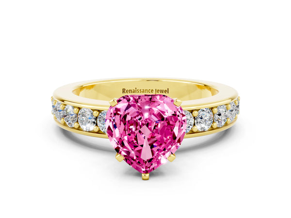 Yellow gold Heart Cut Pink Sapphire Engagement Ring with Channel Set Round  Band and Prong Setting