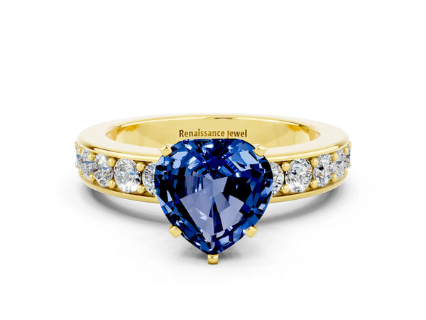 Yellow gold Heart Cut Blue Sapphire Engagement Ring with Channel Set Round  Band and Prong Setting