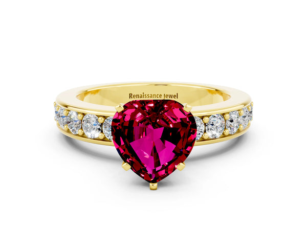 Yellow gold Heart Cut Garnet Engagement Ring with Channel Set Round  Band and Prong Setting
