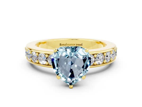 Yellow gold Heart Cut Aquamarine Engagement Ring with Channel Set Round  Band and Prong Setting
