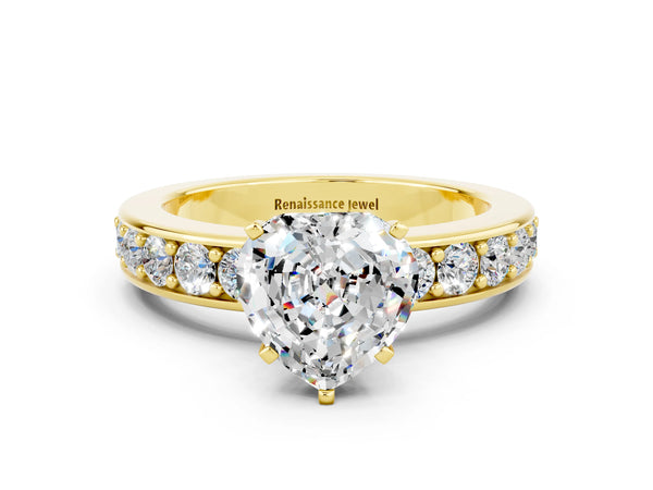 Yellow gold Heart Cut Moissanite Engagement Ring with Channel Set Round  Band and Prong Setting