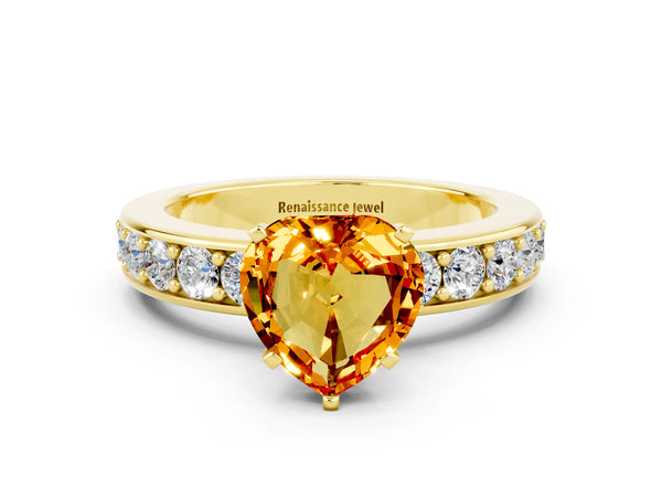 Yellow gold Heart Cut Citrine Engagement Ring with Channel Set Round  Band and Prong Setting