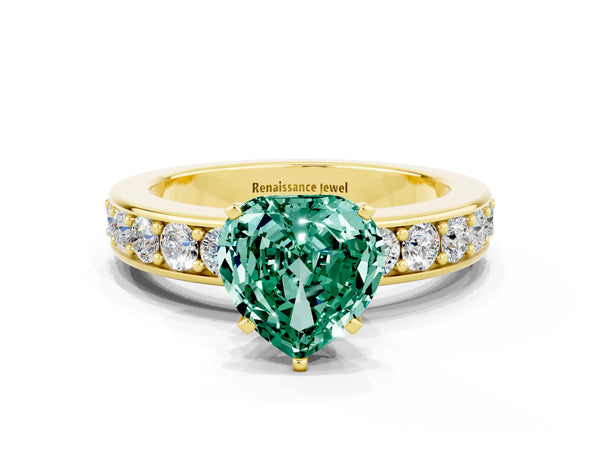 Yellow gold Heart Cut Green Sapphire Engagement Ring with Channel Set Round  Band and Prong Setting