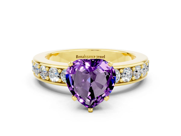 Yellow gold Heart Cut Amethyst Engagement Ring with Channel Set Round  Band and Prong Setting
