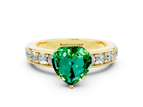 Yellow gold Heart Cut Emerald Engagement Ring with Channel Set Round  Band and Prong Setting