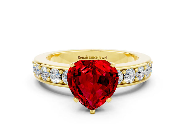 Yellow gold Heart Cut Ruby Engagement Ring with Channel Set Round  Band and Prong Setting