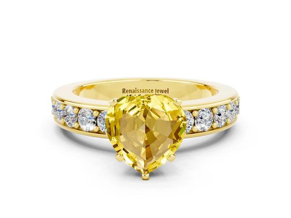 Yellow gold Heart Cut Yellow Sapphire Engagement Ring with Channel Set Round  Band and Prong Setting