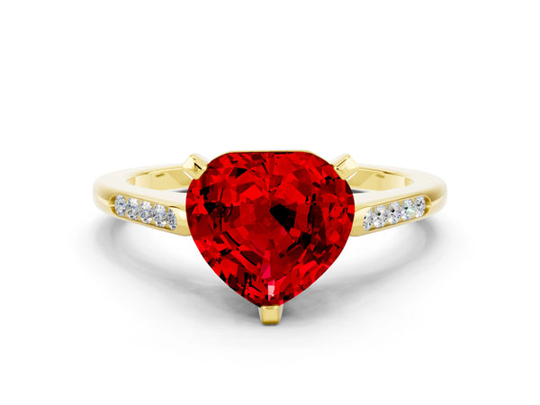 Yellow gold Heart Cut Ruby Solitaire Ring with Channel Set Round  Band and Prong Setting