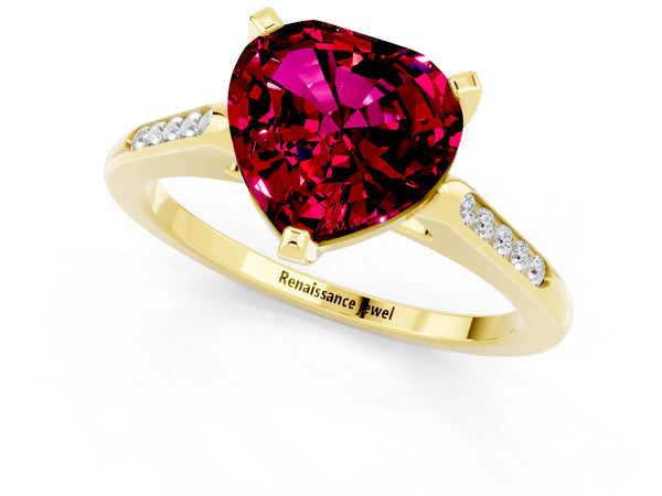 Yellow gold Heart Cut Garnet Solitaire Ring with Channel Set Round  Band and Prong Setting