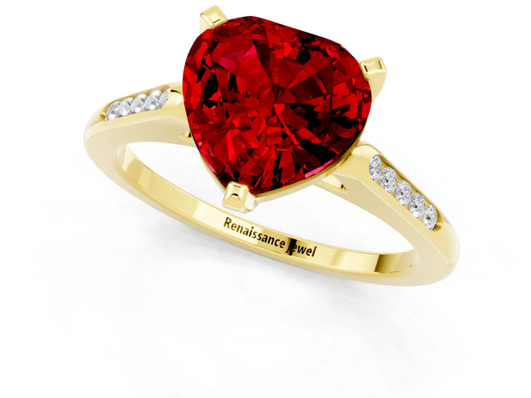 Yellow gold Heart Cut Ruby Solitaire Ring with Channel Set Round  Band and Prong Setting
