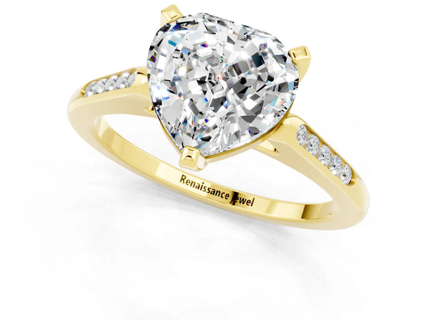 Yellow gold Heart Cut Moissanite Solitaire Ring with Channel Set Round  Band and Prong Setting