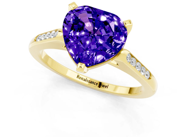 Yellow gold Heart Cut Tanzanite Solitaire Ring with Channel Set Round Band and Prong Setting