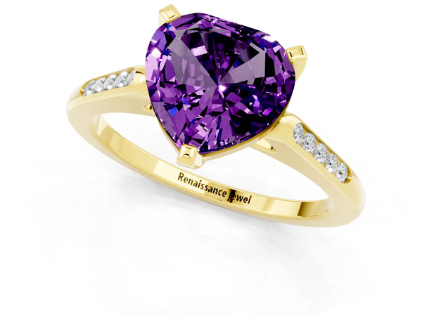 Yellow gold Heart Cut Amethyst Solitaire Ring with Channel Set Round  Band and Prong Setting
