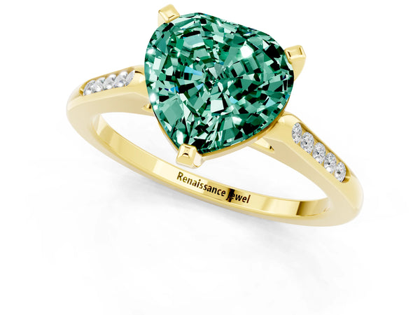 Yellow gold Heart Cut Green Sapphire Solitaire Ring with Channel Set Round Band and Prong Setting