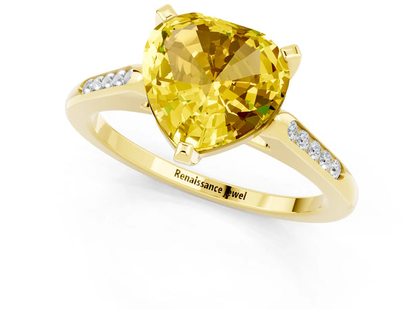 Yellow gold Heart Cut Yellow Sapphire Solitaire Ring with Channel Set Round  Band and Prong Setting
