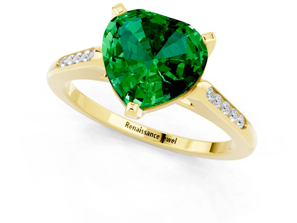 Yellow gold Heart Cut Emerald Solitaire Ring with Channel Set Round  Band and Prong Setting