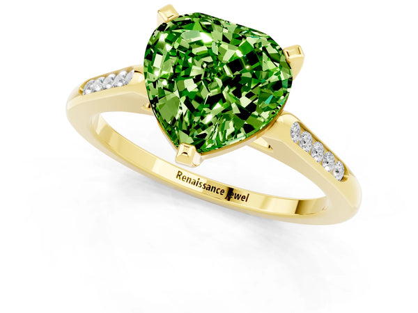 Yellow gold Heart Cut Peridot Solitaire Ring with Channel Set Round  Band and Prong Setting