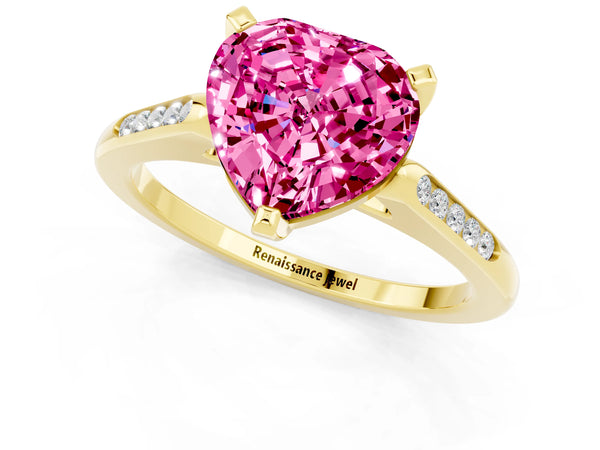 Yellow gold Heart Cut Pink Sapphire Solitaire Ring with Channel Set Round Band and Prong Setting