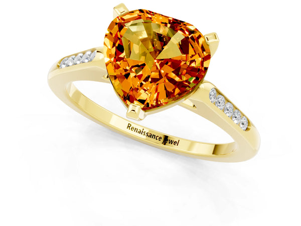 Yellow gold Heart Cut Citrine Solitaire Ring with Channel Set Round Band and Prong Setting