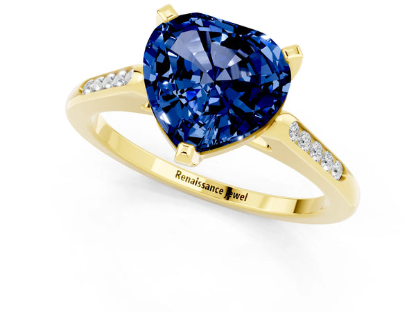 Yellow gold Heart Cut Blue Sapphire Solitaire Ring with Channel Set Round  Band and Prong Setting