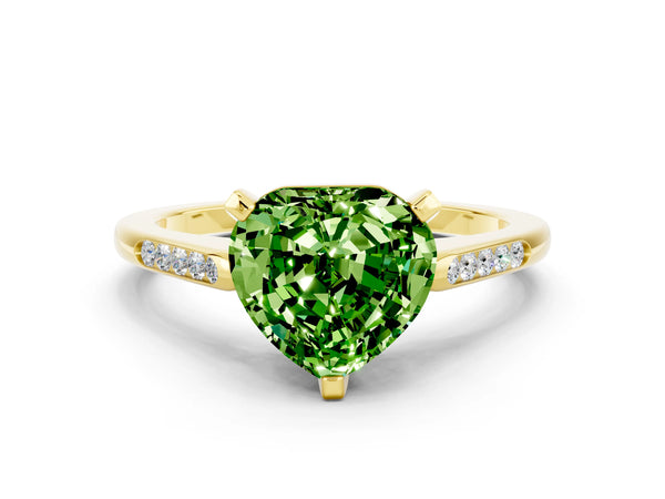 Yellow gold Heart Cut Peridot Solitaire Ring with Channel Set Round  Band and Prong Setting