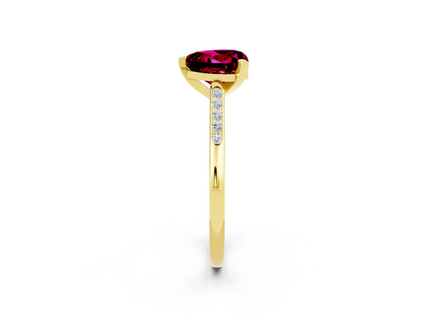 Yellow gold Heart Cut Garnet Solitaire Ring with Channel Set Round  Band and Prong Setting