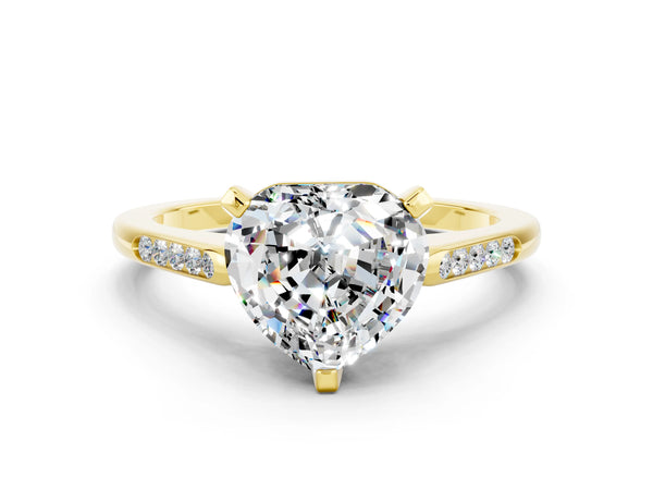 Yellow gold Heart Cut Moissanite Solitaire Ring with Channel Set Round  Band and Prong Setting