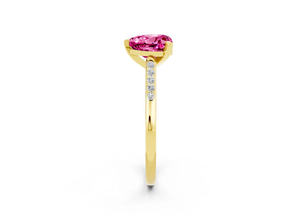 Yellow gold Heart Cut Pink Sapphire Solitaire Ring with Channel Set Round Band and Prong Setting