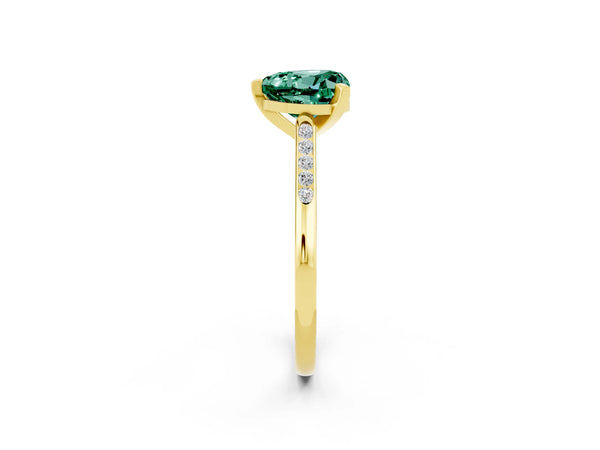 Yellow gold Heart Cut Green Sapphire Solitaire Ring with Channel Set Round Band and Prong Setting