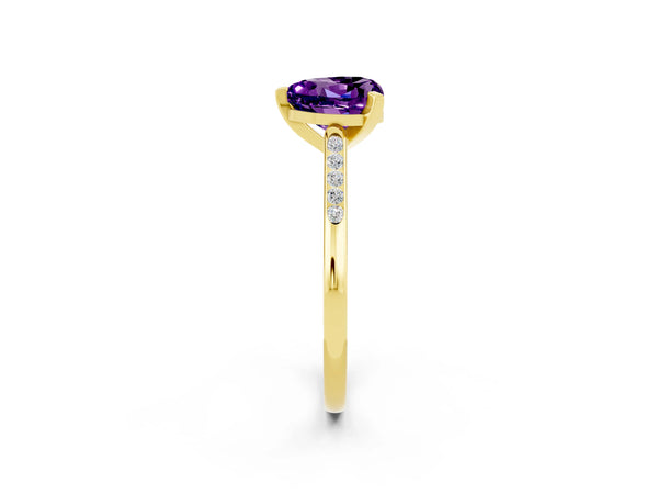 Yellow gold Heart Cut Amethyst Solitaire Ring with Channel Set Round  Band and Prong Setting