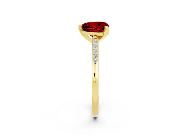 Yellow gold Heart Cut Ruby Solitaire Ring with Channel Set Round  Band and Prong Setting