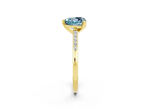 Yellow gold Heart Cut Aquamarine Solitaire Ring with Channel Set Round  Band and Prong Setting