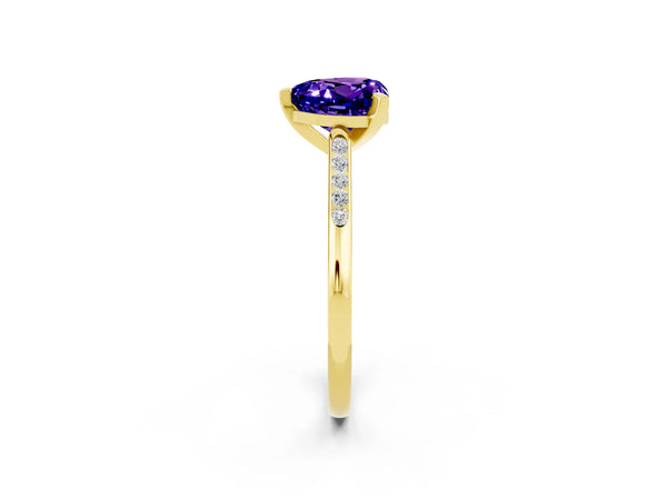 Yellow gold Heart Cut Tanzanite Solitaire Ring with Channel Set Round Band and Prong Setting