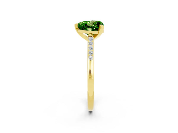 Yellow gold Heart Cut Peridot Solitaire Ring with Channel Set Round  Band and Prong Setting