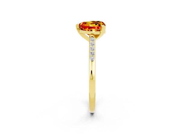 Yellow gold Heart Cut Citrine Solitaire Ring with Channel Set Round Band and Prong Setting